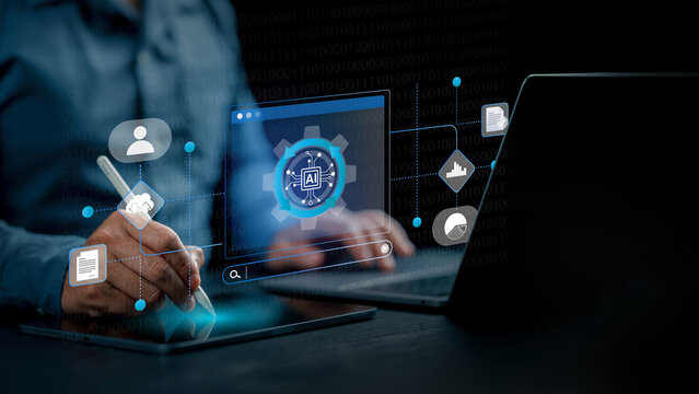 Business Process Automation (BPA) concept. Digital transformation strategy for optimizing workflow and efficiency. Robotic Process Automation (RPA) technology with virtual gears and AI icons.