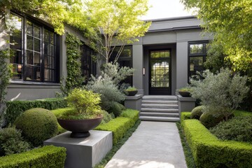Fototapeta premium Beautiful garden with well-kept greenery, stone pathway, and steps leading to a black door during daylight in a sunny outdoor space