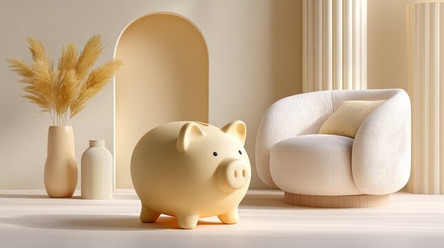 Savings Piggy Bank: The image shows a classic piggy bank placed amidst a modern, stylish interior, symbolizing financial prudence and smart saving habits. A symbol of saving