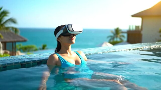 Woman enjoying virtual reality experience in swimming pool near ocean on sunny day