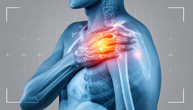A digital anatomical illustration of the upper body highlighting the left shoulder in glowing red and yellow, symbolizing musculoskeletal pain, inflammation, and orthopedic focus.