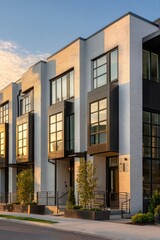 Obraz premium Modern townhouses stand along a street in a suburban area, reflecting the sun's light in the evening sky while showcasing clean lines and a unique architectural design
