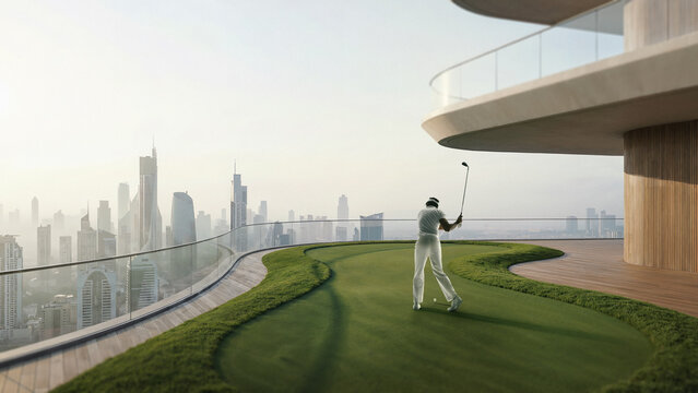 Digital artwork. Golfer practicing swing on rooftop golf green overlooking modern city skyline. Concept of premium urban lifestyle, leisure sport, luxury real estate living and exclusive recreation.