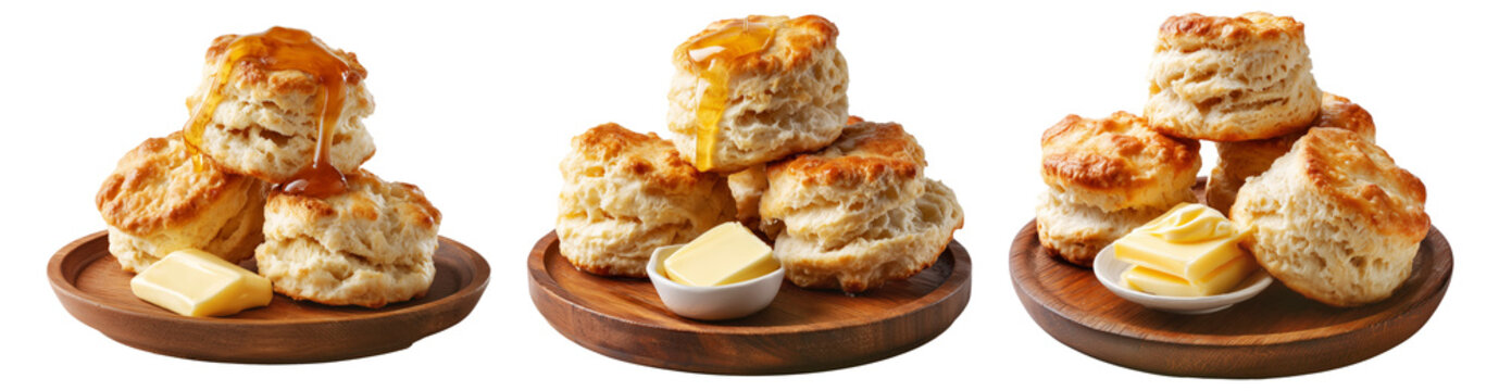 Buttermilk biscuits topped with syrup and butter, stacked on a wooden plate, isolated on white background, concept of breakfast