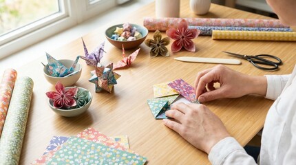 Naklejka premium Person creating colorful origami art with patterned paper rolls nearby