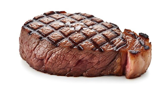 Grilled steak with diamond pattern on white background