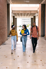 Group of young, diverse students walking and chatting on a modern university campus pathway, enjoying their education lifestyle