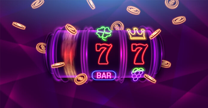Slot machine with neon gaming symbols and coins on a bright background. Mega slots casino banner. Vector illustration.
