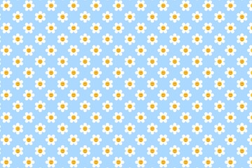 Charming seamless pattern featuring small white daisy flowers with yellow centers on a cheerful light blue background, ideal for spring projects and child-friendly designs © devina