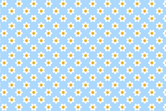 Charming seamless pattern featuring small white daisy flowers with yellow centers on a cheerful light blue background, ideal for spring projects and child-friendly designs