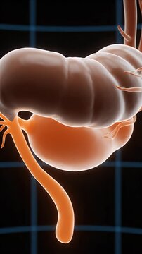 CGI animation depicting human pancreas and digestive system with dynamic activity and glowing orange hues against a dark grid background for medical education