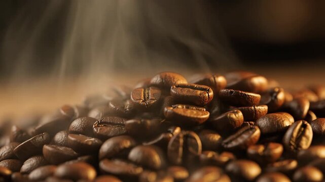 Close up of steaming roasted coffee beans with rich aroma and warm tones