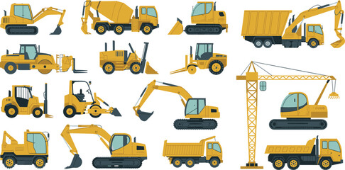 Heavy construction machinery collection featuring excavators, cranes, loaders, bulldozers and dump trucks isolated on white vector illustration © SreeKhamol