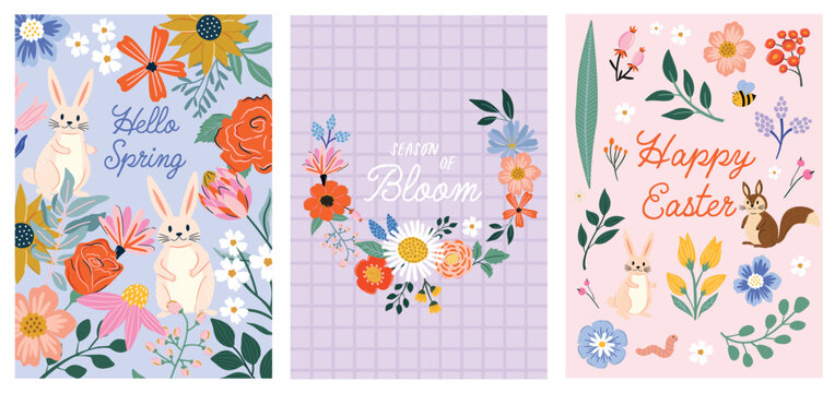 Whimsical spring and Easter poster set with hand-drawn bunnies, flowers, butterflies, and quotes such as &ldquo;Hello Spring & Easter. Perfect for greeting cards, nursery prints, wall art, T-shirt graphic. 
