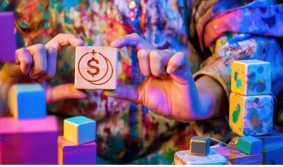 Fototapeta premium A person holding a block with a dollar sign in a colorful setting