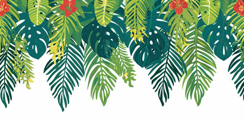 Tropical leaves and red hibiscus flowers create a vibrant botanical border © Rahul