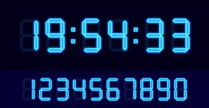 Digital glowing clock. LCD numbers for a electronic devices, clocks, calculators, and scoreboard interfaces. Countdown timer with blue backlight. Vector illustration.