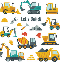 Cute construction machinery illustration with excavators, dump trucks, helmets and tools, Let’s Build concept vector isolated background © SreeKhamol