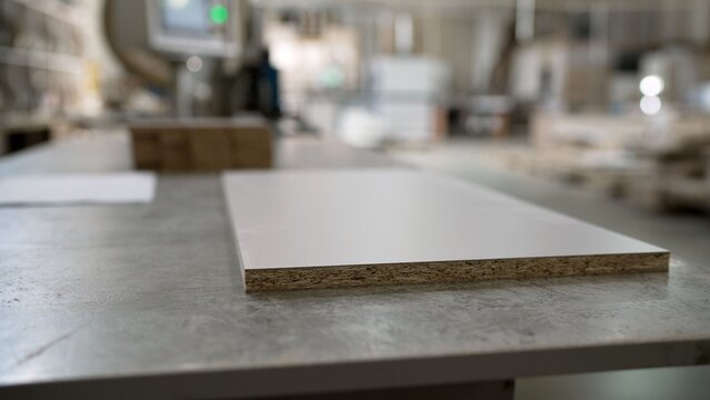 White laminated chipboard panel on a worktable in a furniture manufacturing workshop with blurred background.