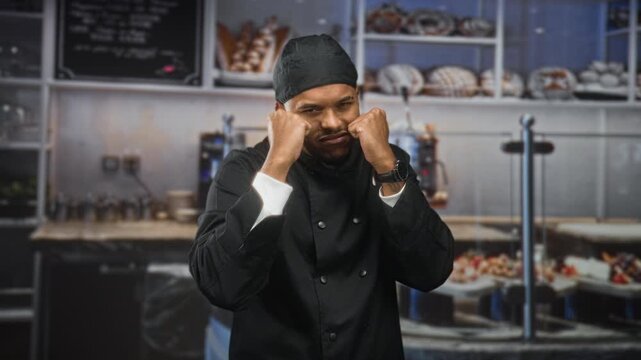 Hispanic man chef in uniform raises fists in a boxing pose at a bakery building; determination focus.