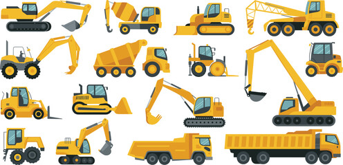 Heavy construction vehicles collection with excavators, cranes, bulldozers, loaders and dump trucks isolated on white vector illustration © SreeKhamol