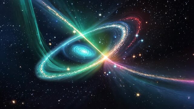 Luminous ring remaining static around galactic core in deep space, with intersecting neon beams