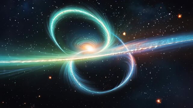 Opening cosmic accretion system rotating plasma loops around core in space, with jet and stars