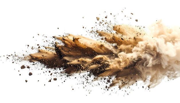 Dust cloud, exploding outward with grit and small particles. Black background