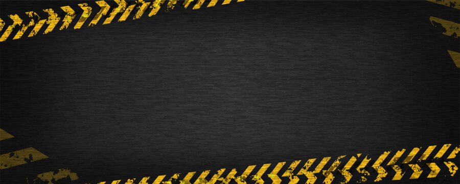 Industrial warning background with yellow and black stripes. Grunge caution tape frame on dark metal texture. Vector illustration.