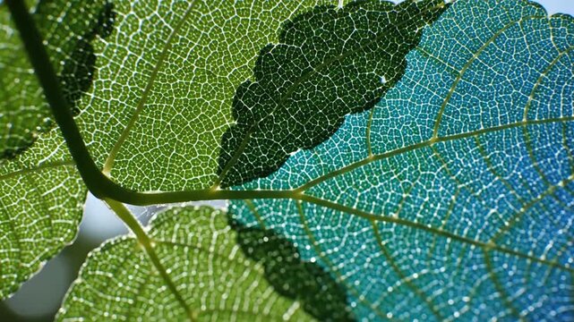 Sunlight reveals intricate vein patterns on vibrant green and blue leaves.
