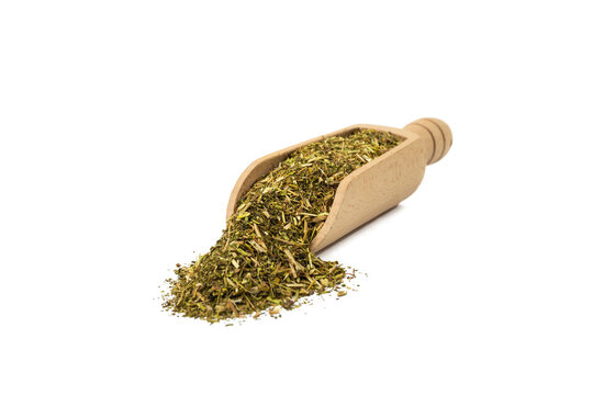 passion flower herb in latin - passiflora incarnata in wooden scoop isolated on white background. Medicinal herb. 