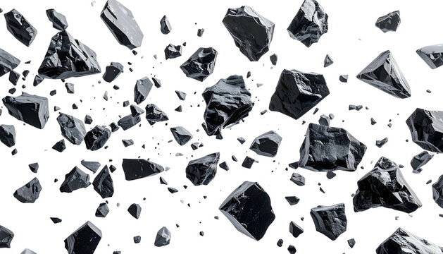 Gray, angular rocks of varying sizes drift against a black void