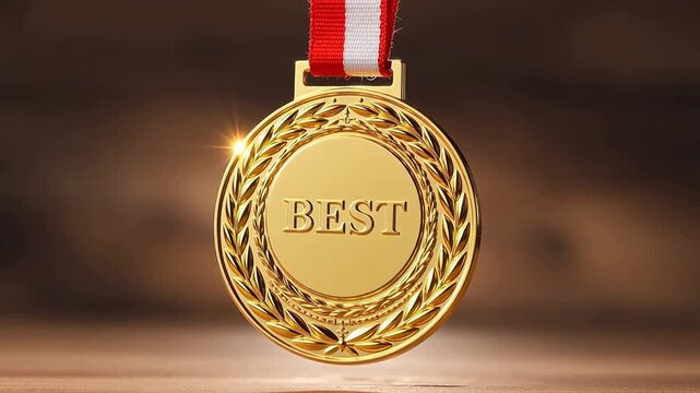 Close-up of a golden medal with the word BEST engraved, symbolizing achievement