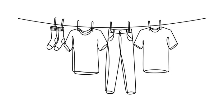 Minimalist Line Art: Clothes Drying on a Clothesline with Socks, T-shirt, and Jeans - Fresh Laundry Concept