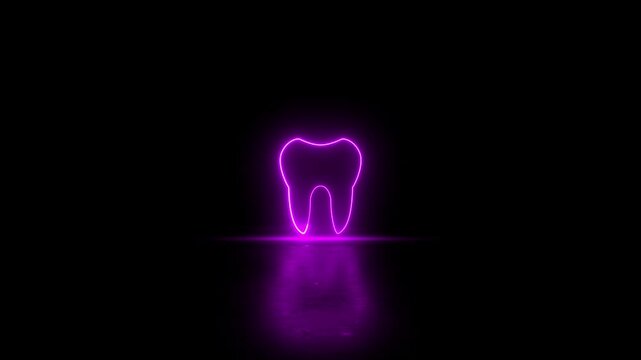 Neon purple color Tooth Outline motion animation. for Medical Use. Glowing neon line tooth icon video animation black background. Neon tooth icon 4K Video motion animation dental dentistry.
