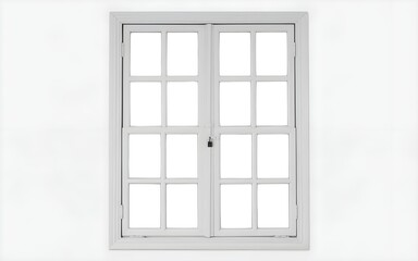 Fototapeta premium An open wooden window frame set in a white exterior wall of an old house reveals a detail of the interior room under the bright sky