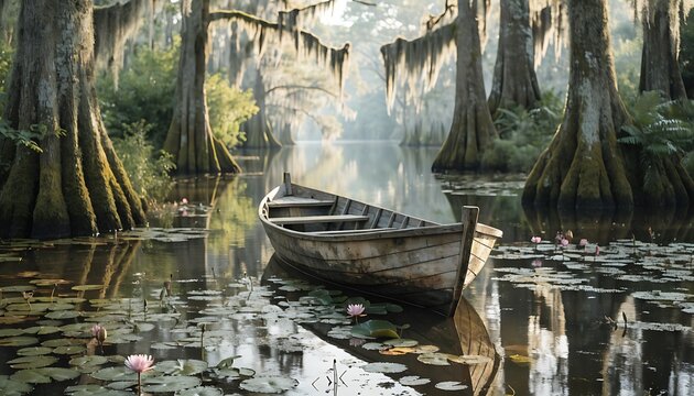 Traditional wooden boat floating in misty cypress swamp with lily pads and golden light