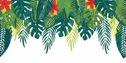 A vibrant arrangement of tropical leaves and red hibiscus flowers © Milton