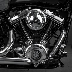 Obraz premium Black and white close-up of a powerful motorcycle engine, showing shiny metal parts