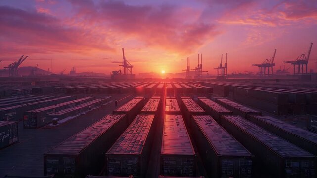 Walking hi-vis port worker with lamp checking containers for safety near cranes as sun lowering