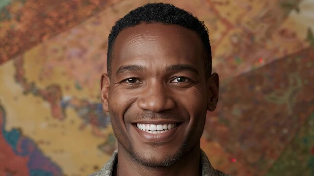 Smiling man wearing camo shirt, ear stud gazing at ops map pins, recording starting for briefing