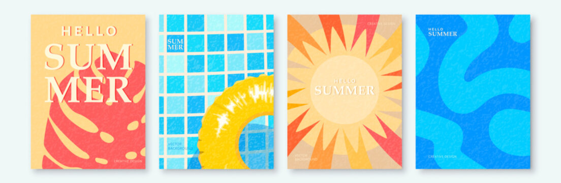 Summer abstract vector backgrounds with swimming pool, sun, monstera leaf, water pattern. Hello Summer banner templates for social media, travel, vacation marketing. Minimal modern texture flat design