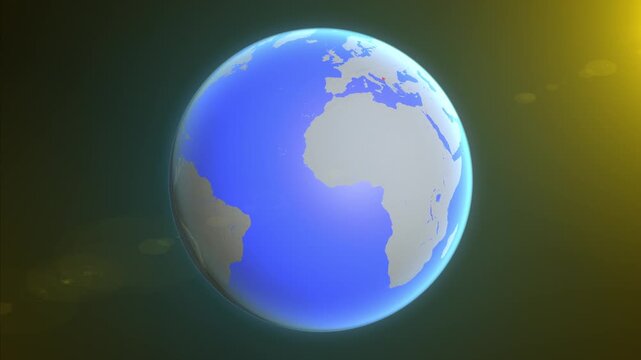 The animation shows a graphic representation of the earth and highlights the location and map of Montenegro colored red.