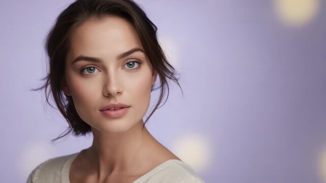 Shifting woman model tilting chin and tracking eyes after cue for portrait with lavender bokeh