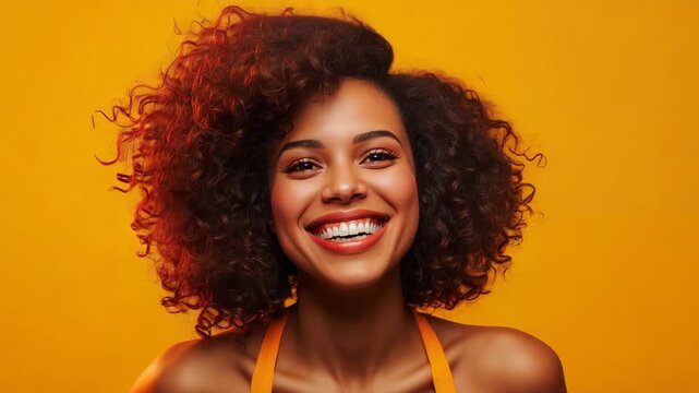 Starting with broad smile, woman model shifting into laughter for portrait shoot with orange straps