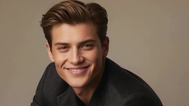 Relaxing male softening into smile and tilting head left on photog cue in studio, charcoal suit