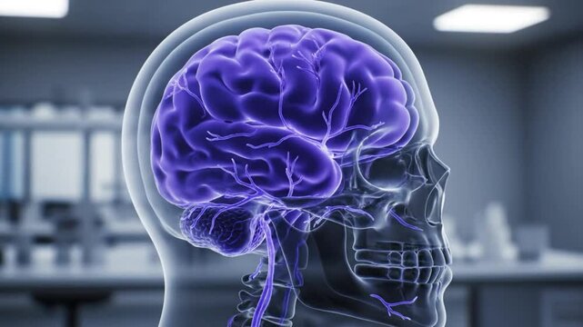 Human brain anatomy illustration showing skull, nerves, and neurological activity for educational and medical purposes