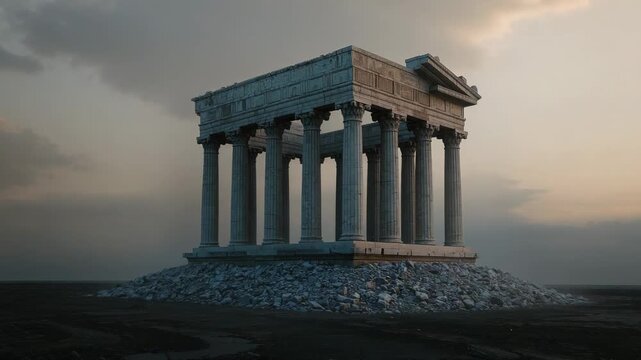 Panning, camera revealing temple with fluted columns on rubble base at barren plain, showing form