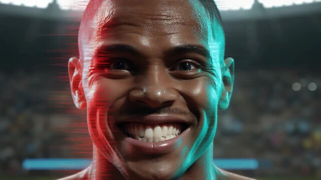 Crowd roar sparking shirtless player roaring then smiling at arena, red teal light, sweat glitch