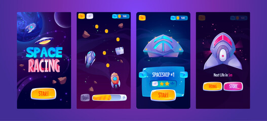 Game screen set for mobile space adventure with planets, spaceships and cosmic elements. Cartoon vector UI galaxy backgrounds with alien worlds, buttons and arcade style gaming interface assets. © vectorpouch